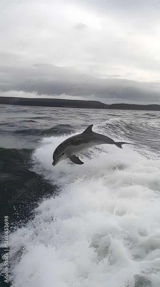 Fototapeta premium A dolphin leaps above ocean waves, showcasing its agility and playful nature.
