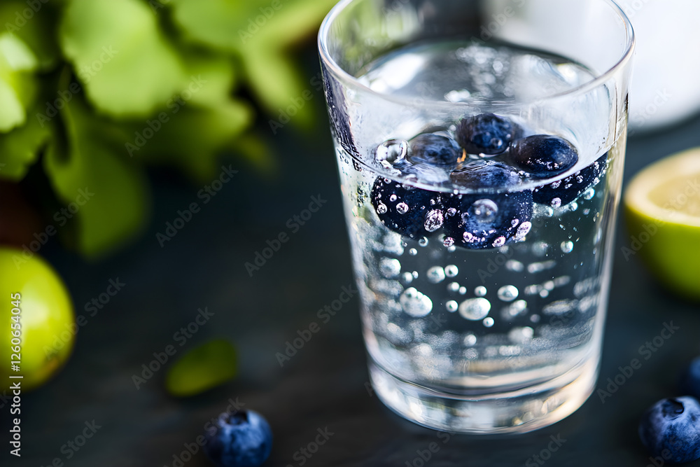 A glass of sparkling water filled with blueberries is placed on a dark surface. National Kidney Month A glass of sparkling water filled with blueberries is placed on a dark surface. National Kidney Month