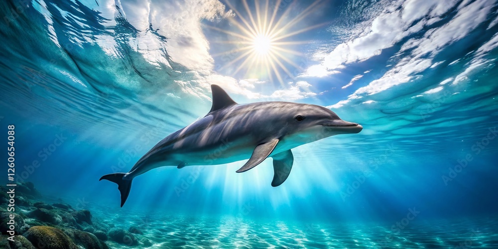 Summer Calm: Top View Dolphin Swimming in Azure Ocean Waters Summer Calm: Top View Dolphin Swimming in Azure Ocean Waters