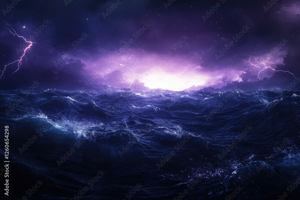 Fototapeta premium A stormy night at sea with purple lightning illuminating the dark waves and starry sky.
