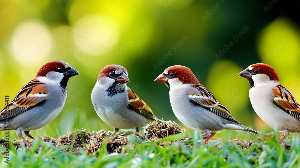 Fototapeta premium Four Sparrows on Green Grass Nature Photography