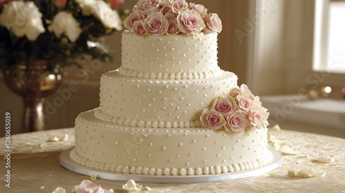 Elegant Three-Tier Wedding Cake with Pink Roses