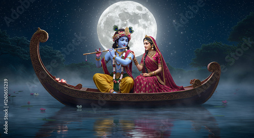 A 3D render of Lord Krishna and Radha in an enchanting scene.