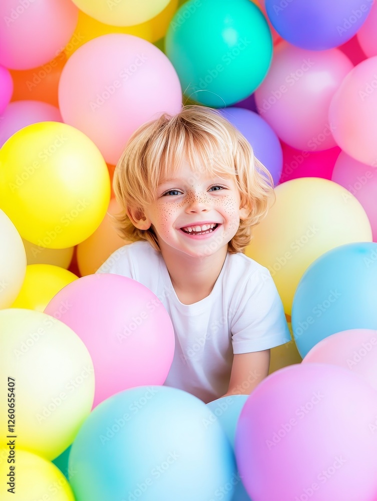 Obraz premium Blond Kid Freckles Balloons Joyful Fun - A cheerful blond kid with freckles smiles, surrounded by pastel balloons. Symbolizing joy, playfulness, celebration, childhood, and happiness