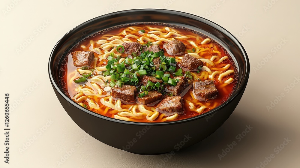 Delicious Asian Classic Soup with Noodles and Tender Meat in a Black Bowl Surrounded by Fresh Green Onions