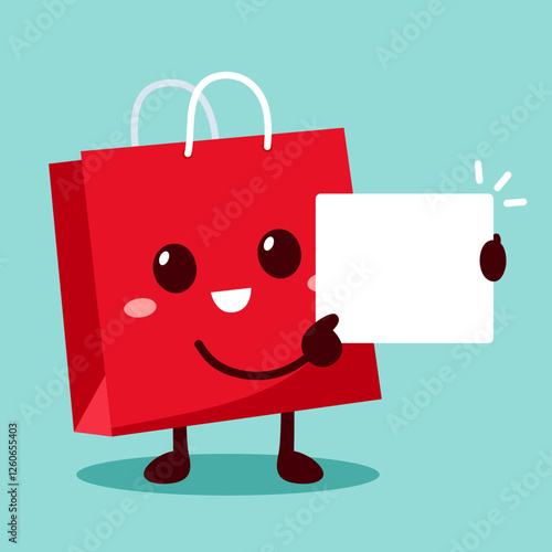 Cute cartoon red shopping bag holding a empty white board isolated on blue background. Vector illustration flat design.
