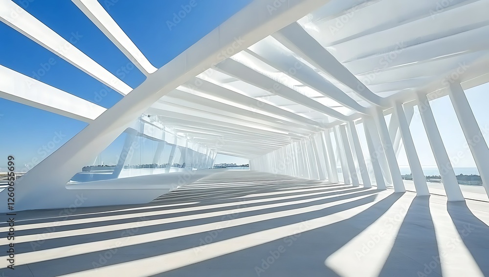 Obraz premium Modern white structure, sunny day, coastal view, architectural design