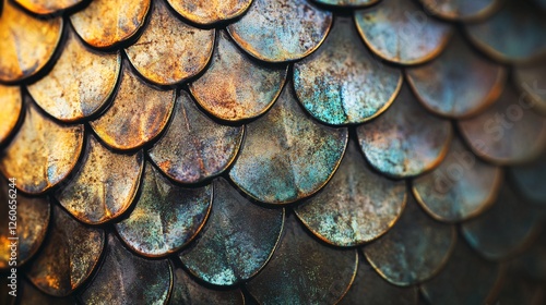 Wallpaper Mural Macro photograph of metallic overlapping scales with iridescent blue, gold, and bronze hues, creating a detailed and textured pattern resembling fish or dragon skin. Torontodigital.ca