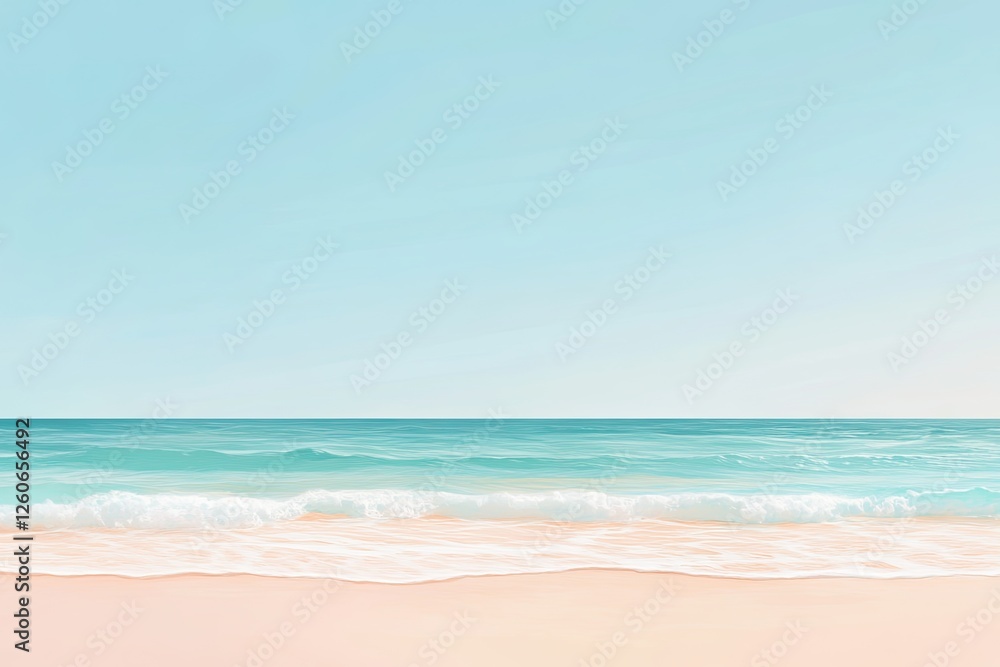 serene ocean scene features gentle pastel waves lapping against soft sandy shore under clear blue sky serene ocean scene features gentle pastel waves lapping against soft sandy shore under clear blue sky