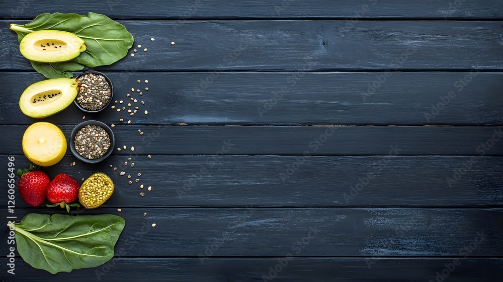 Vibrant Fruits, Chia Seeds & Spinach on Dark Wood Background Vibrant Fruits, Chia Seeds & Spinach on Dark Wood Background