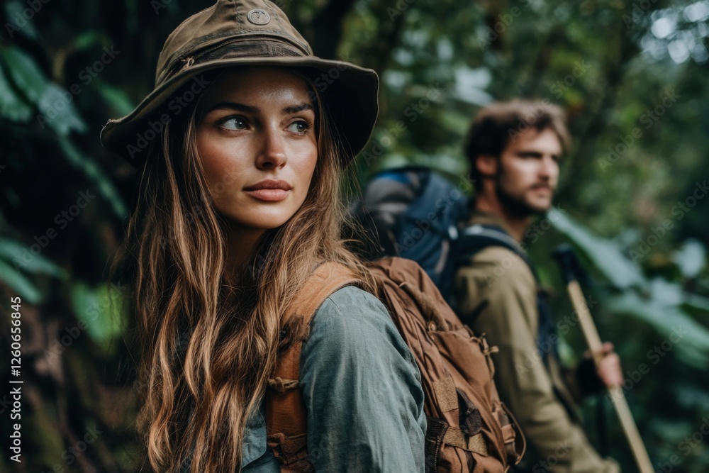Fototapeta premium beautiful woman and handsome man hiking in the mountain forest