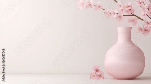 A serene arrangement featuring a pink vase with delicate cherry blossom branches, set against a soft, neutral background.