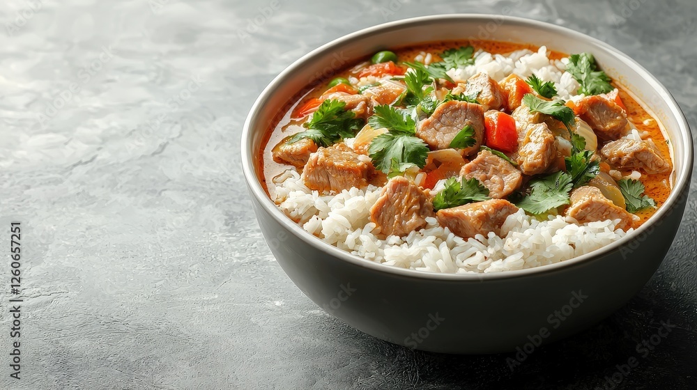 Realistic Panang Curry with Pork Served in a Bowl with Fresh Herbs and Rice Realistic Panang Curry with Pork Served in a Bowl with Fresh Herbs and Rice