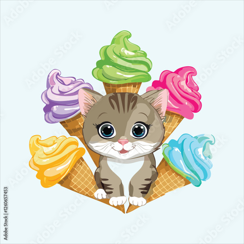 Chubby kitten surrounded by colorful scoops of ice cream