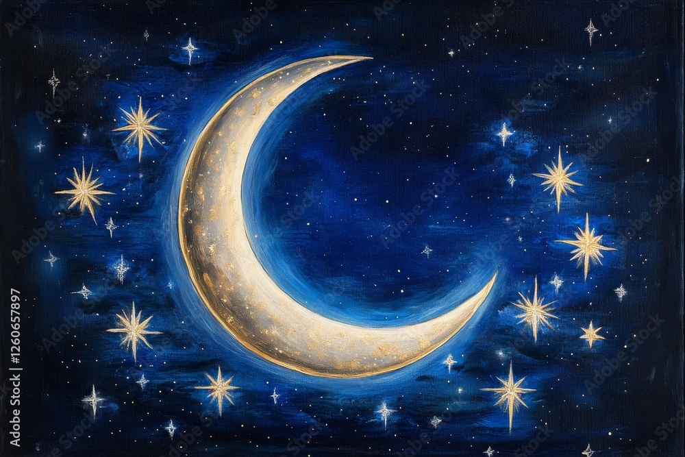 Fototapeta premium Celestial Crescent Moon Shimmer - A dreamy crescent moon shines brightly against a deep navy celestial background, surrounded by sparkling stars. Symbolizing dreams, serenity, magic, hope, and night