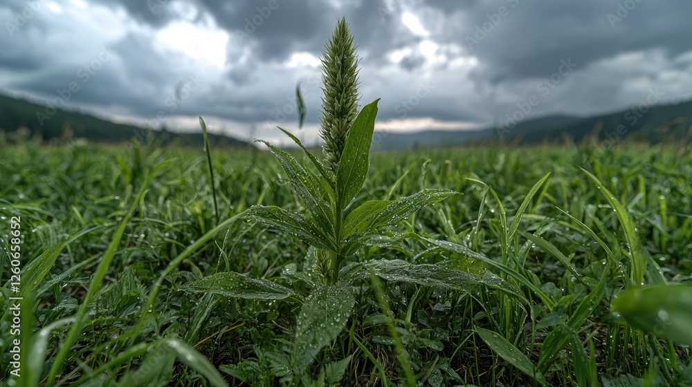 Obraz premium Single plant in grassy field, stormy sky, mountains background; nature photography