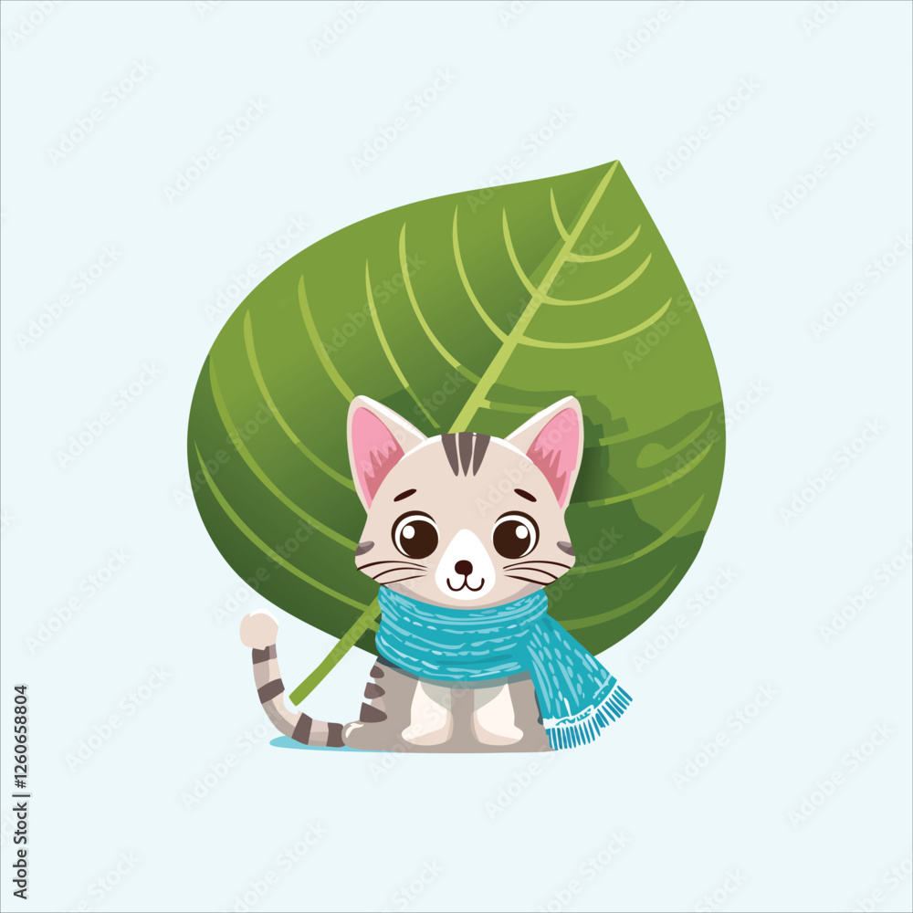 Fototapeta premium Cute cartoon cat wrapped in a scarf, hiding under a big leaf