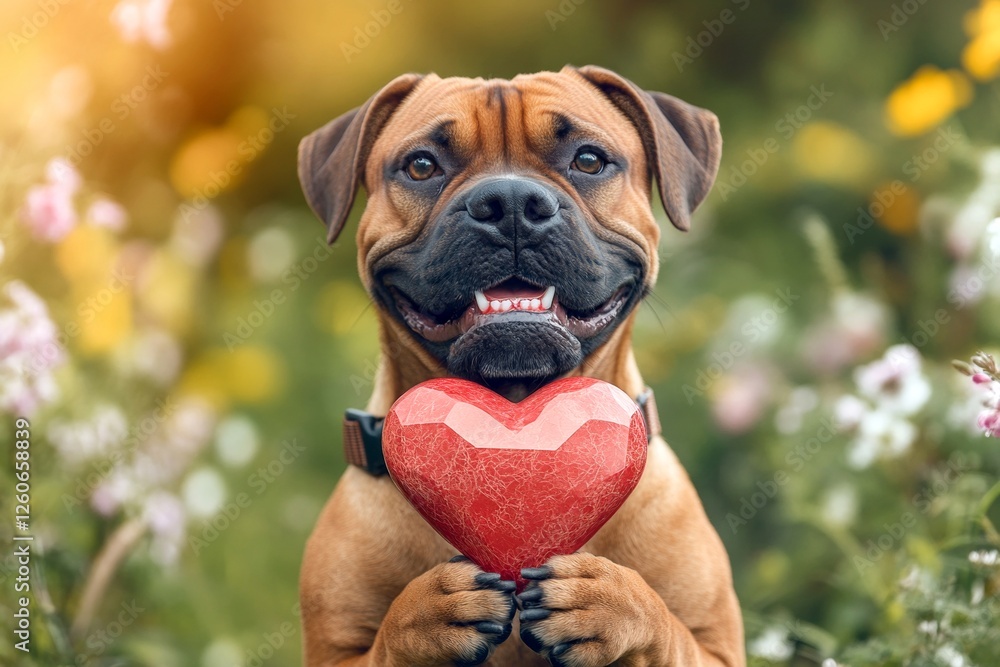 Fototapeta premium Cute boerboel canine with diamond red heart on a walk in a spring green space. Marketing domestic animal pattern. Boerboel - my treasured dog, symbol of friendship. Cute dog with red heart.