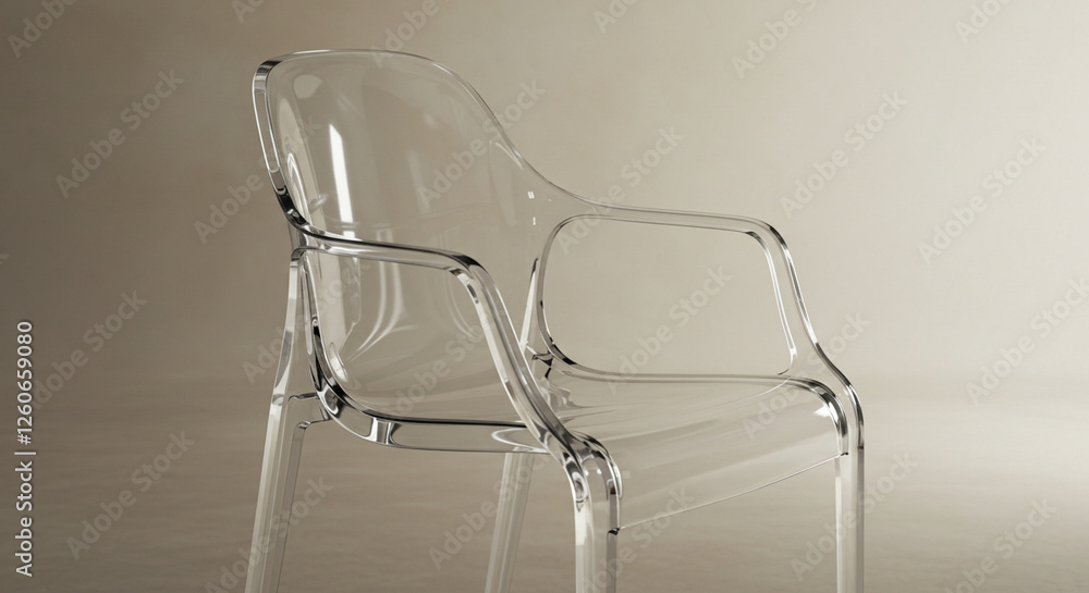 A transparent chair with a minimalist design, photographed against a neutral background, representing modern furniture. A transparent chair with a minimalist design, photographed against a neutral background, representing modern furniture.