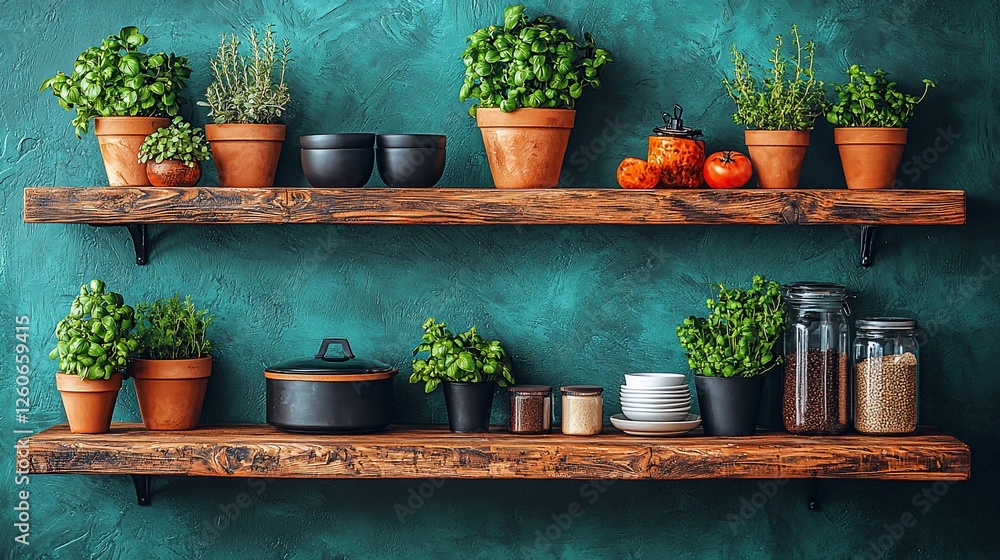 Lush green herbs and spices arranged on rustic wooden shelves against a textured teal wall Lush green herbs and spices arranged on rustic wooden shelves against a textured teal wall