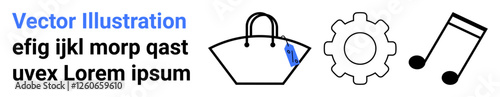 Bag with tag, gear symbol, and musical notes arranged with placeholder text. Ideal for shopping, technology, creativity, branding, e-commerce, music and flat landing page banner
