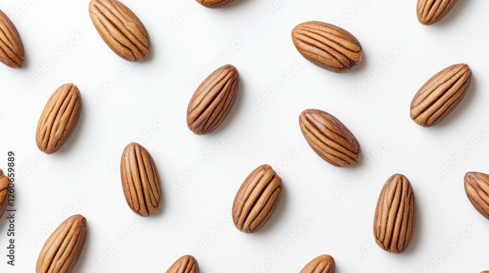 Almonds arranged on white background; food photography; healthy snack; studio shot Almonds arranged on white background; food photography; healthy snack; studio shot