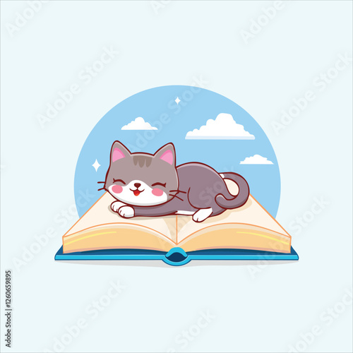  cat falling asleep on top of a giant open book