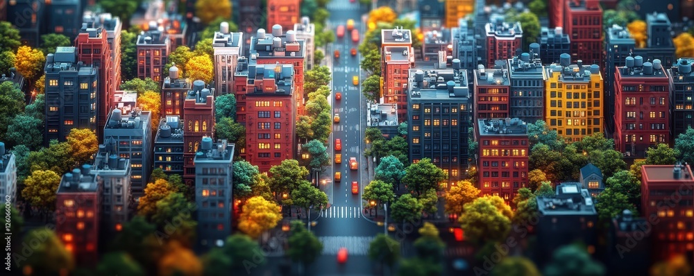 Obraz premium Vibrant Urban Landscape with Colorful Buildings and Lush Greenery in a Bustling City Environment Captured from an Elevated Perspective at Sunrise