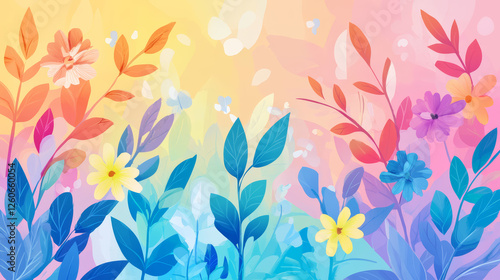 Spring background happy colorful nature, pastel colors, leaves, flowers illustration