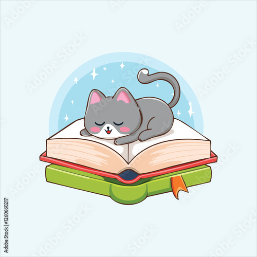  cat falling asleep on top of a giant open book