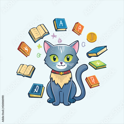 Cute cat surrounded by floating magical books and glowing runes