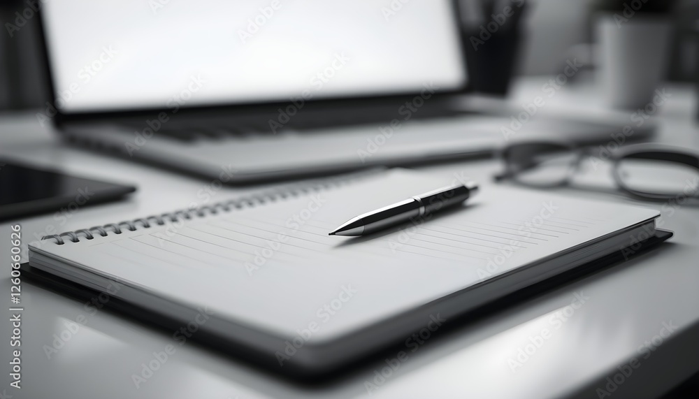 A monochrome workspace with a laptop, smart phone, pen, and notebook on a clean desk. Perfect for productivity, business, and modern office themes. A monochrome workspace with a laptop, smart phone, pen, and notebook on a clean desk. Perfect for productivity, business, and modern office themes.