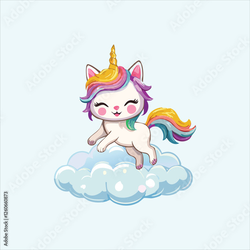 Kawaii unicorn cat prancing on a cloud with a magical glow