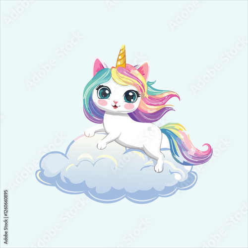 Kawaii unicorn cat prancing on a cloud with a magical glow