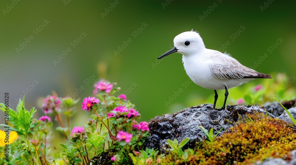 White bird on rock, wildflowers, green background; nature scene White bird on rock, wildflowers, green background; nature scene