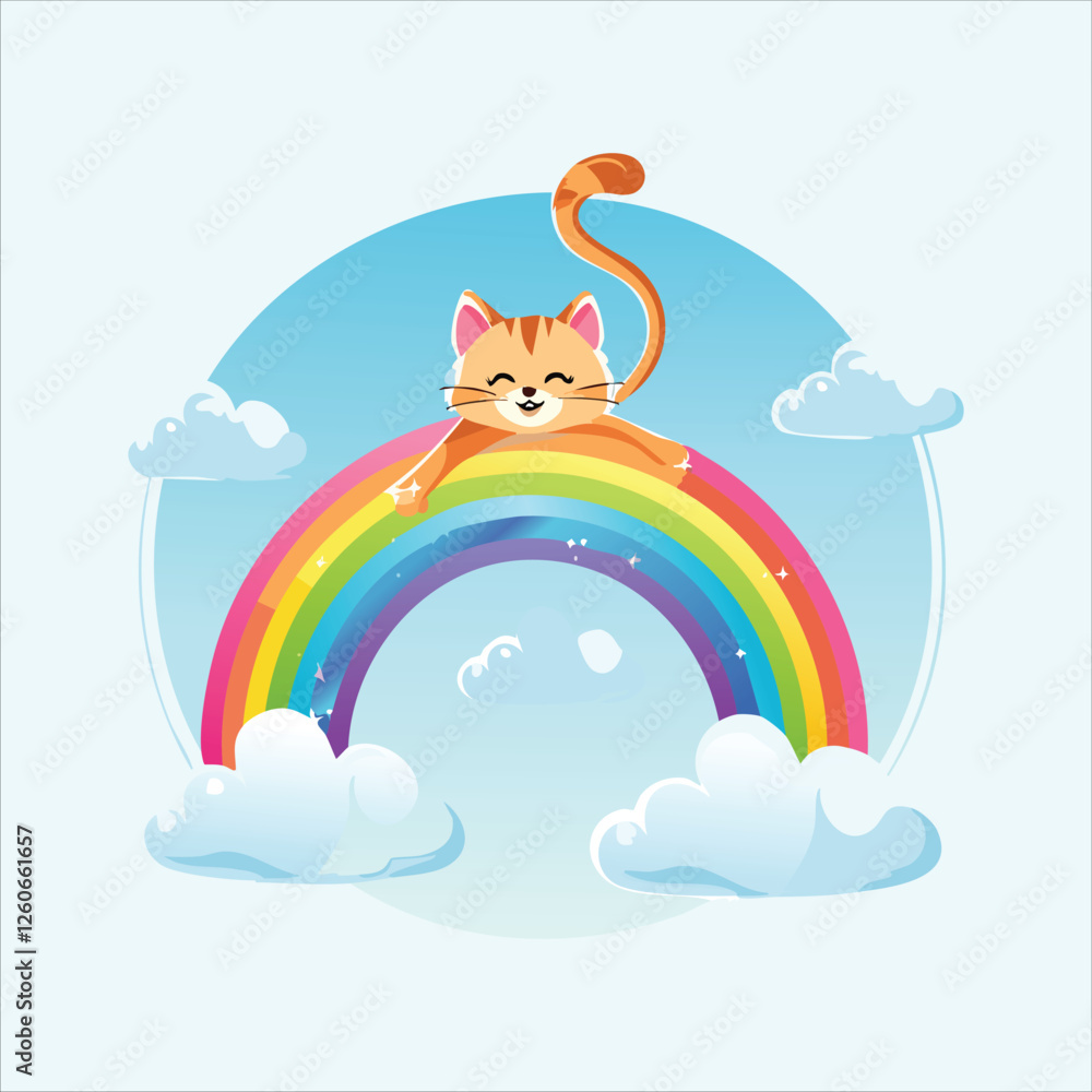Fototapeta premium Magical cat with a rainbow tail, happily floating in the sky