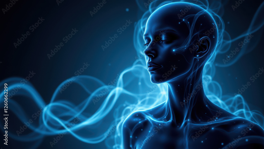 Illustration of a humanoid figure with illuminated blue internal organs and swirling patterns around their head and neck, symbolizing VNS (Vagus Nerve Stimulation). Illustration of a humanoid figure with illuminated blue internal organs and swirling patterns around their head and neck, symbolizing VNS (Vagus Nerve Stimulation).