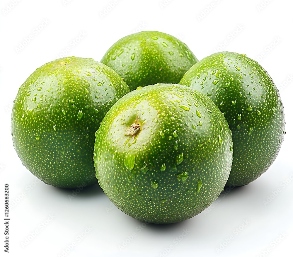 Fresh green citrus fruits, close-up, studio shot, white background, healthy food Fresh green citrus fruits, close-up, studio shot, white background, healthy food