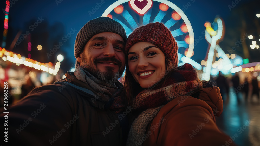 a couple taking a selfie on valentine's day, with a heart-shaped ferris wheel in the background and a carnival atmosphere a couple taking a selfie on valentine's day, with a heart-shaped ferris wheel in the background and a carnival atmosphere