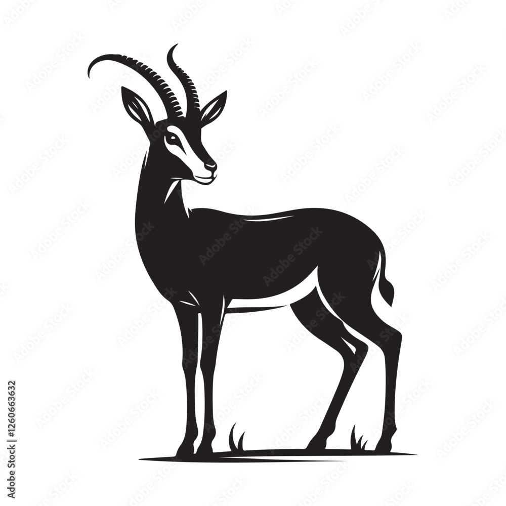 Fototapeta premium Gazelle looking alert Silhouette Vector Illustration, Solid White Background.