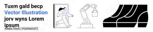 A person exiting a digital screen, robotic arm with gripping tool, and escalator steps symbolizing innovation, automation, and technology. Ideal for AI, robotics, mobility, digital interaction tech