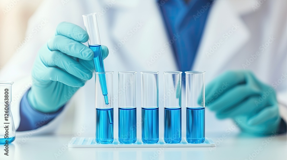 A scientist in a lab coat is carefully transferring a blue liquid into test tubes using a pipette. A scientist in a lab coat is carefully transferring a blue liquid into test tubes using a pipette.
