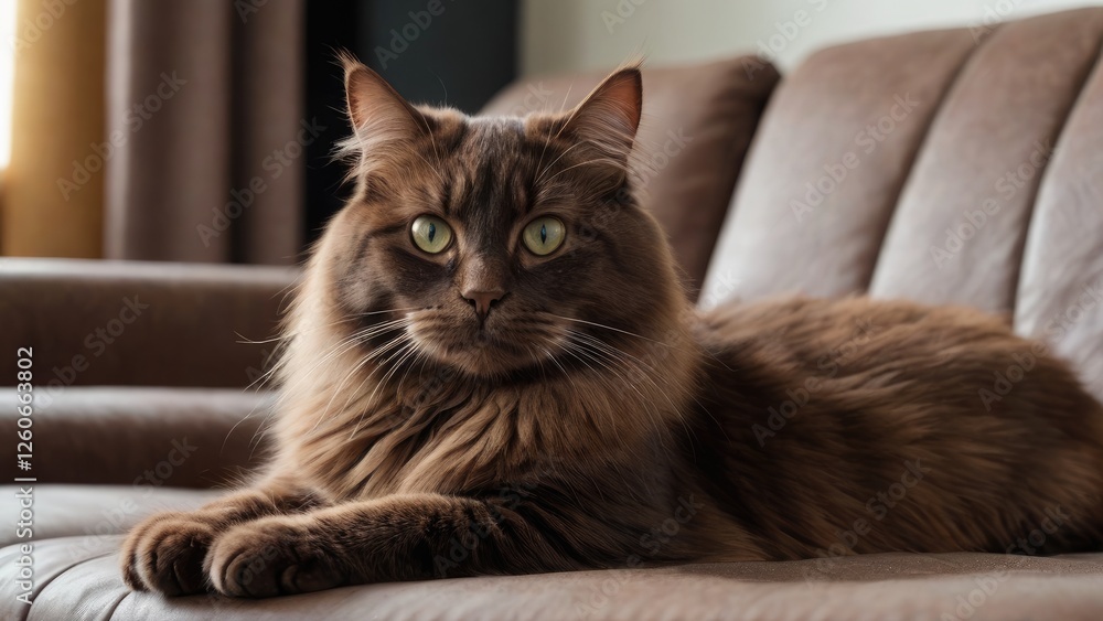 Obraz premium Chocolate british longhair cat lying on sofa at home