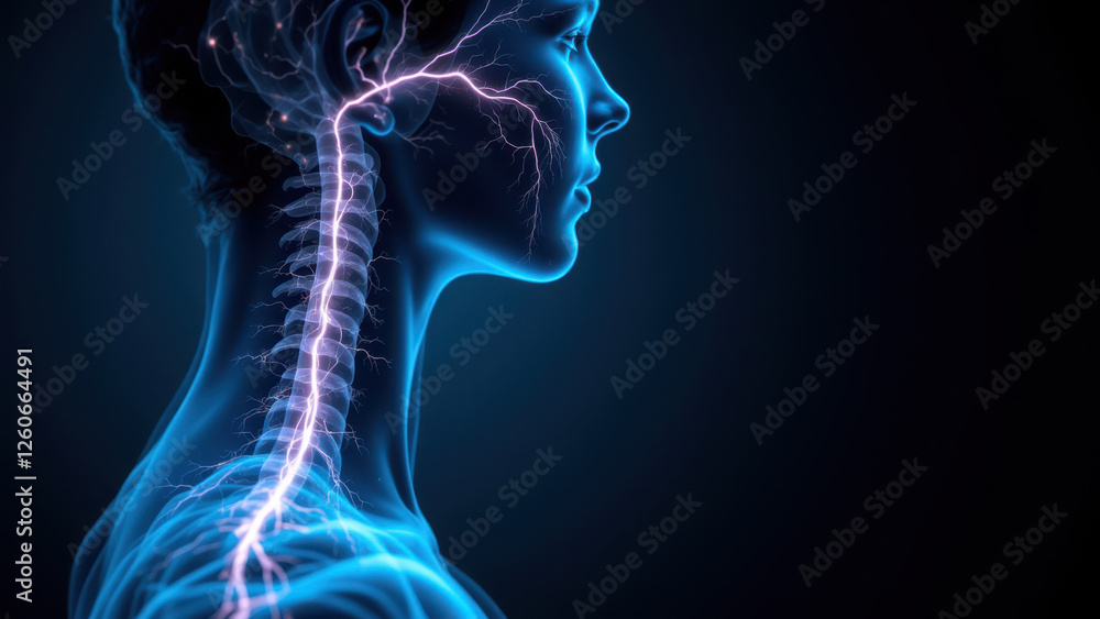 A close-up of a human brain with neural pathways highlighted as glowing blue streams. It represents VNS, or vagus nerve stimulation, and the concept of electrical signals in the brain. A close-up of a human brain with neural pathways highlighted as glowing blue streams. It represents VNS, or vagus nerve stimulation, and the concept of electrical signals in the brain.