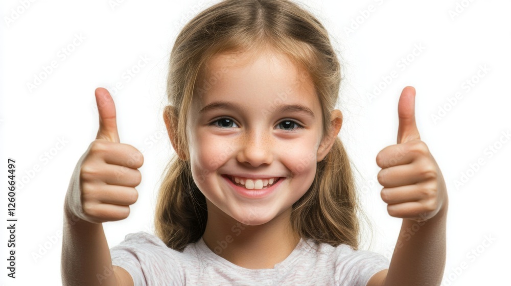 Smiling young girl giving thumbs up on white background Smiling young girl giving thumbs up on white background