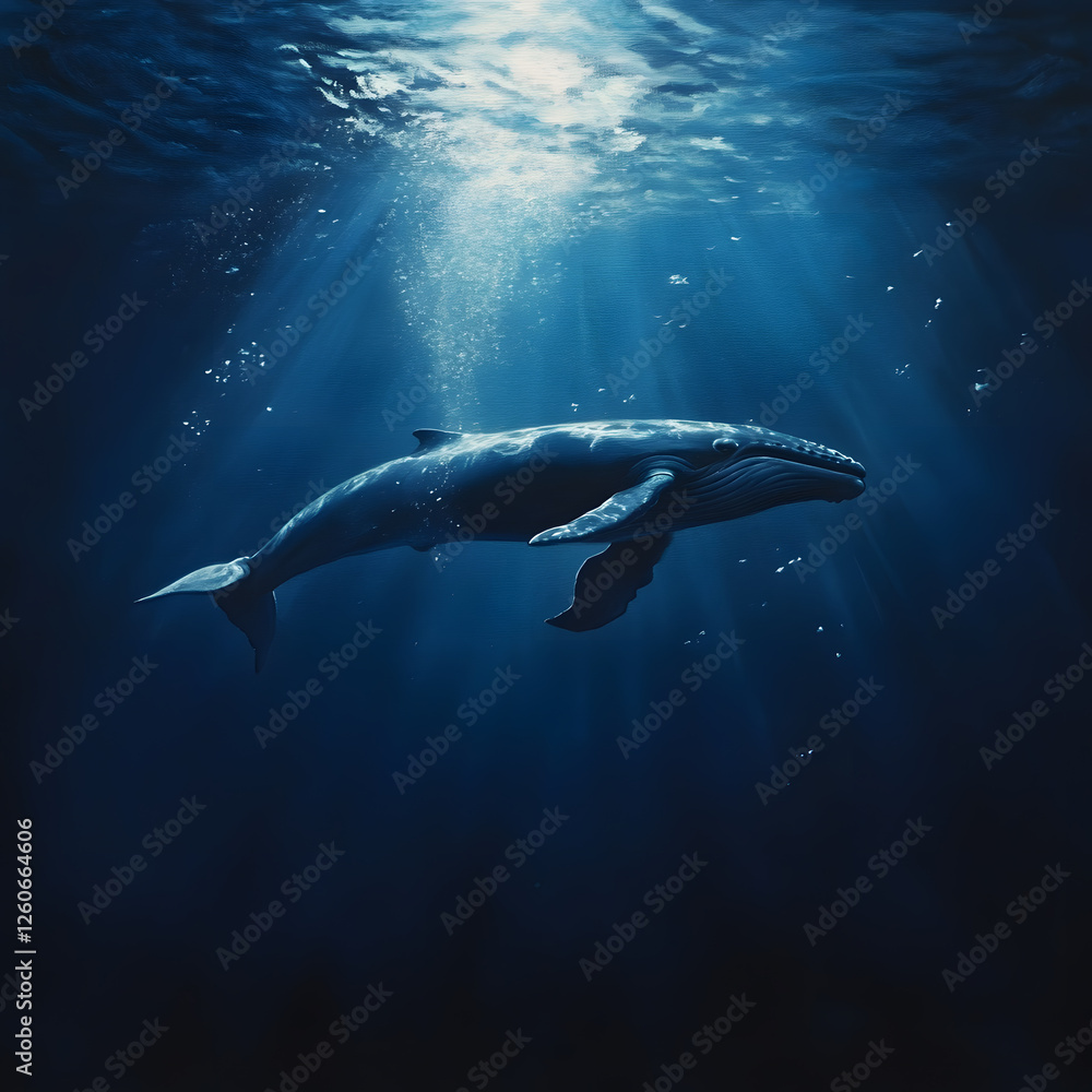 A majestic whale swims gracefully in deep blue water, illuminated by soft sunlight. A majestic whale swims gracefully in deep blue water, illuminated by soft sunlight.