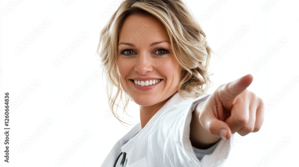 Smiling female doctor pointing forward in a confident pose Smiling female doctor pointing forward in a confident pose