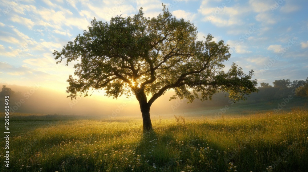 Sunlit oak tree in misty meadow at sunrise Sunlit oak tree in misty meadow at sunrise