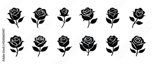 Obraz na plátně Set of vector black silhouettes of rose with leaves