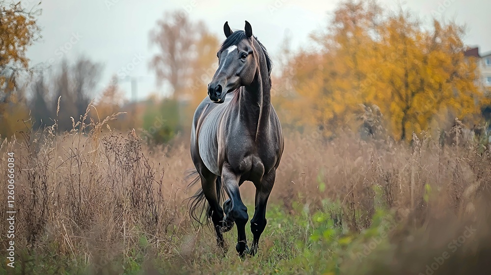 Majestic Gray Stallion Galloping in Autumn Field: Breathtaking Nature Photography Majestic Gray Stallion Galloping in Autumn Field: Breathtaking Nature Photography